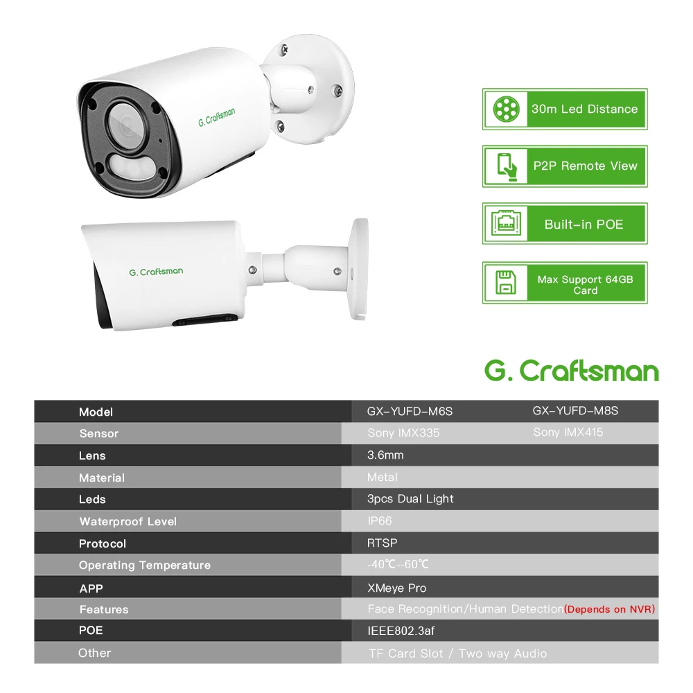 G.Craftsman 6MP/8MP POE Audio, TF Card, Motion/Warning, ONVIF, CCTV Security Surveillance