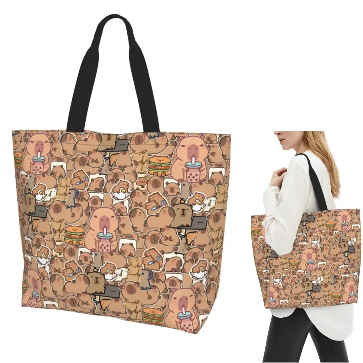 Los Capibara Cute Capybara Animal Shopping Tote Bag Canvas Large Capacity Shoulder Bags Shopper Grocery Handbag for Women