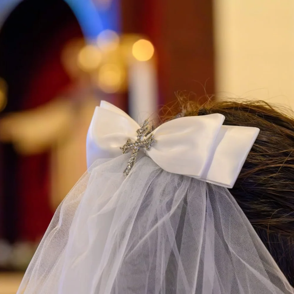 

Белый головной убор с бантом и крестом для девочек на Первое причастие, аксессуар для наряда на Первое Святое Причастие, сувенир, принадлежности для вечеринки по случаю Первого причастия