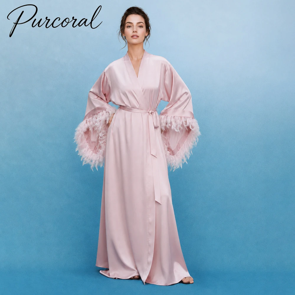 Purcoral 2026 New Women Luxury Satin Nightgown Feather Cuff Long Sleeve Maxi Robe Belted Ladies Homewear Sleepwear