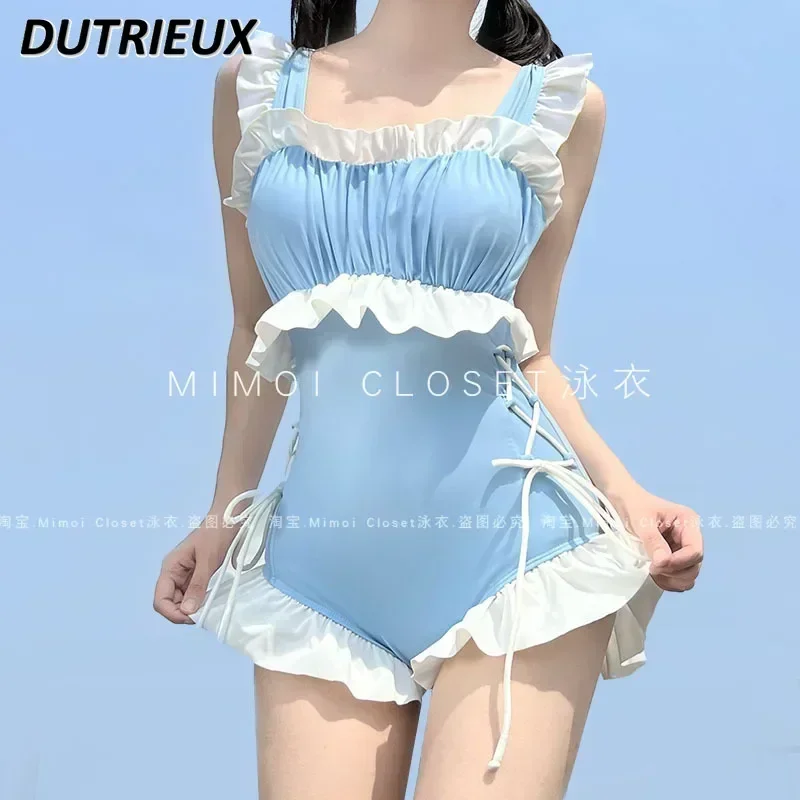 

Sweet Cute Girl Japanese Pure Desire Style White Swimsuit Seaside Hot Spring Swimwear Women's Sleeveless Slim Bathing Suit