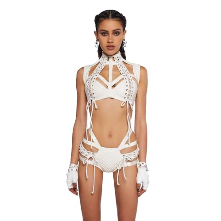 

Dolls Kill Rude Awakening Harness Bra Top by Club Exx - Vegan Leather, Lace-Up, Cropped Fit for Festivals and Raves
