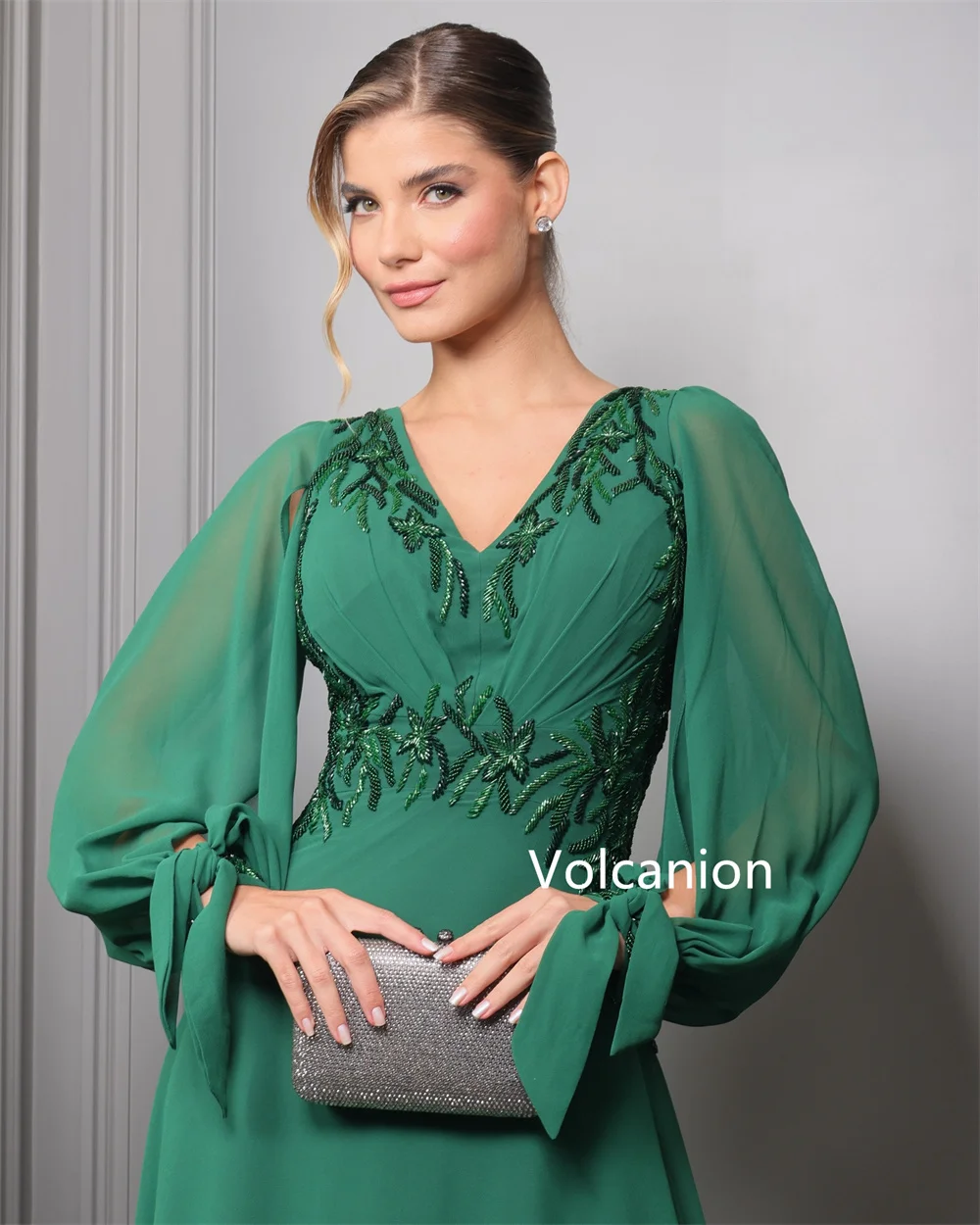 Customized Chiffo Bow Rhinestone A-line V-neck Long Dresses Bespoke Occasion Evening Exquisite Formal High Quality