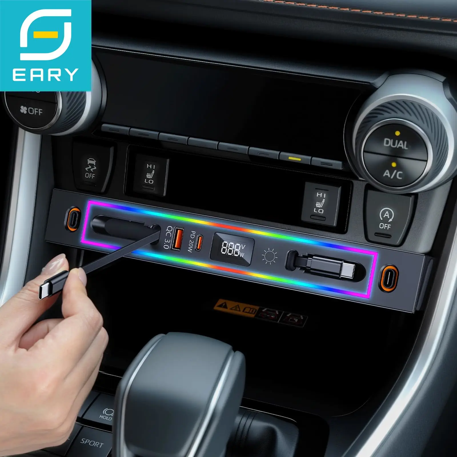 Eary for Toyota RAV4 2025-2020 Car Charger USB Hub With RGB Light 4-Port Retractable Docking Station Center Console Fast Charger