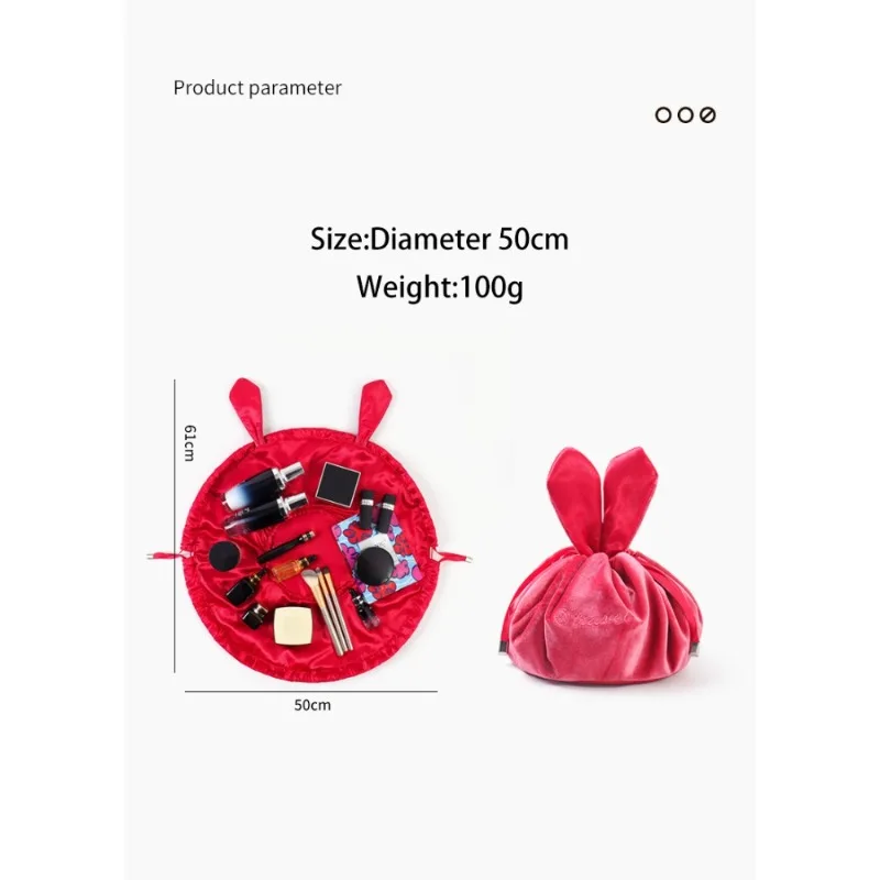 1PCS Cosmetic Bag Round Velvet Soft Makeup Bag Drawstring Rabbit Ear Travel Make Up Organizer Female Toiletry Storage for Gift