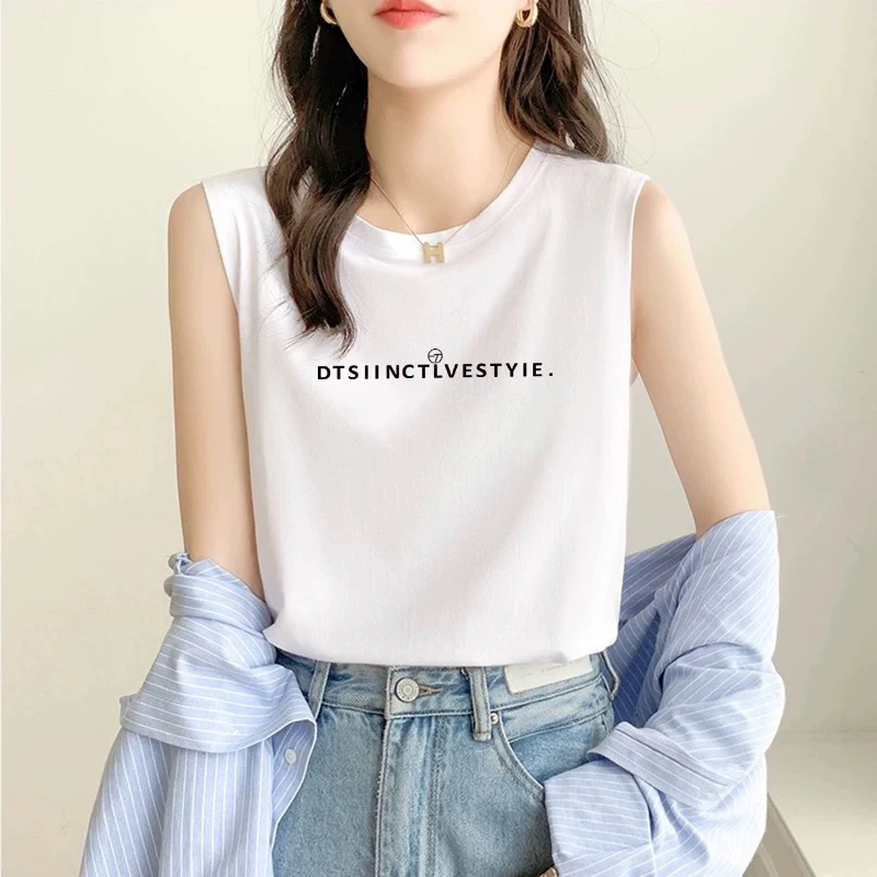 Nowa koszulka na ramiączkach z czystej bawełny na wiosnę i lato, damska, luźna, wyszczuplająca, z okrągłym dekoltem, modna, do pracy, prosty krój, bawełna.