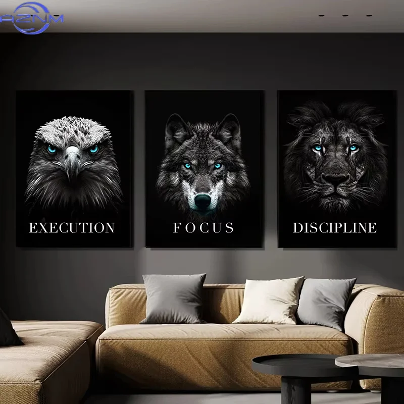 1pc/3pcs Black Animal Canvas Posters Unframed - Eagle Execution, Wolf Focus, Lion Discipline Inspirational Wall Art for Living R