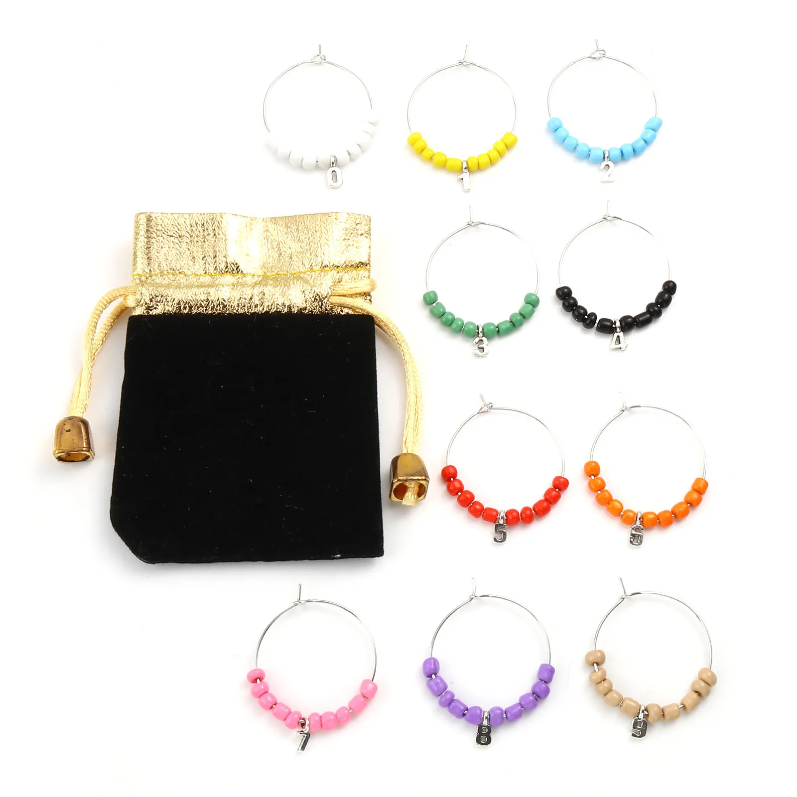 Wine Glass Charms Circle Ring Number Round Star Silver Color Mixed Color With Cloth Bag Jewelry Gifts,1Set (Approx 10PCs/Set)