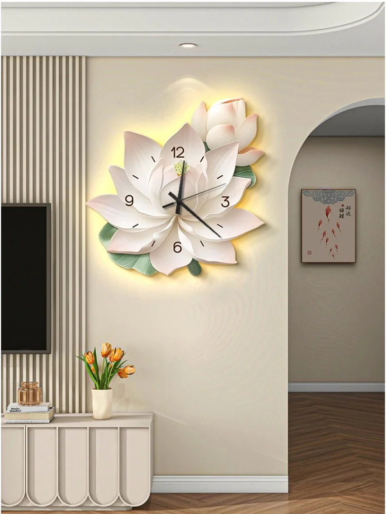 

Wall Clock Living Room Home 2025 New Creative Lotus Wall Light Clock Painting Wall Silent Clock No Drilling