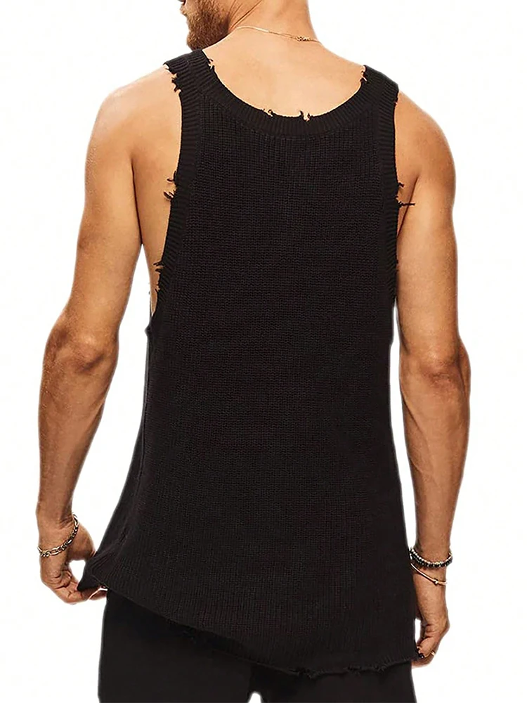 Hiphop O Halsbandjes Gescheurde Tanktops Heren Streetwear Mode Effen Kleur Slank Vest Heren 2024 Zomer Trendy Mouwloze Hemdjes