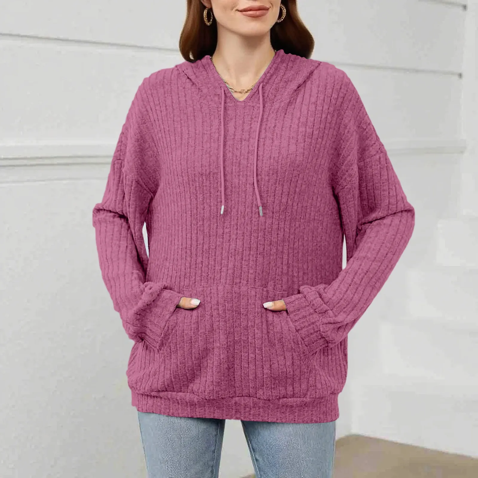 Sudadera con capucha holgada de manga larga con cordón y bolsillo para mujer, Top de Color sólido, sudaderas con capucha, ropa de invierno para mujer