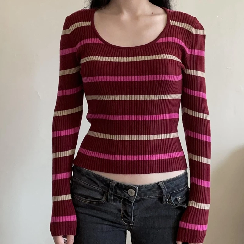 Autumn Striped Knitted Crop Tops Vintage Long Sleeve Slim Fit Jumpers 2000s Retro Y2K Grunge Sweater T Shirt Chic Streetwear