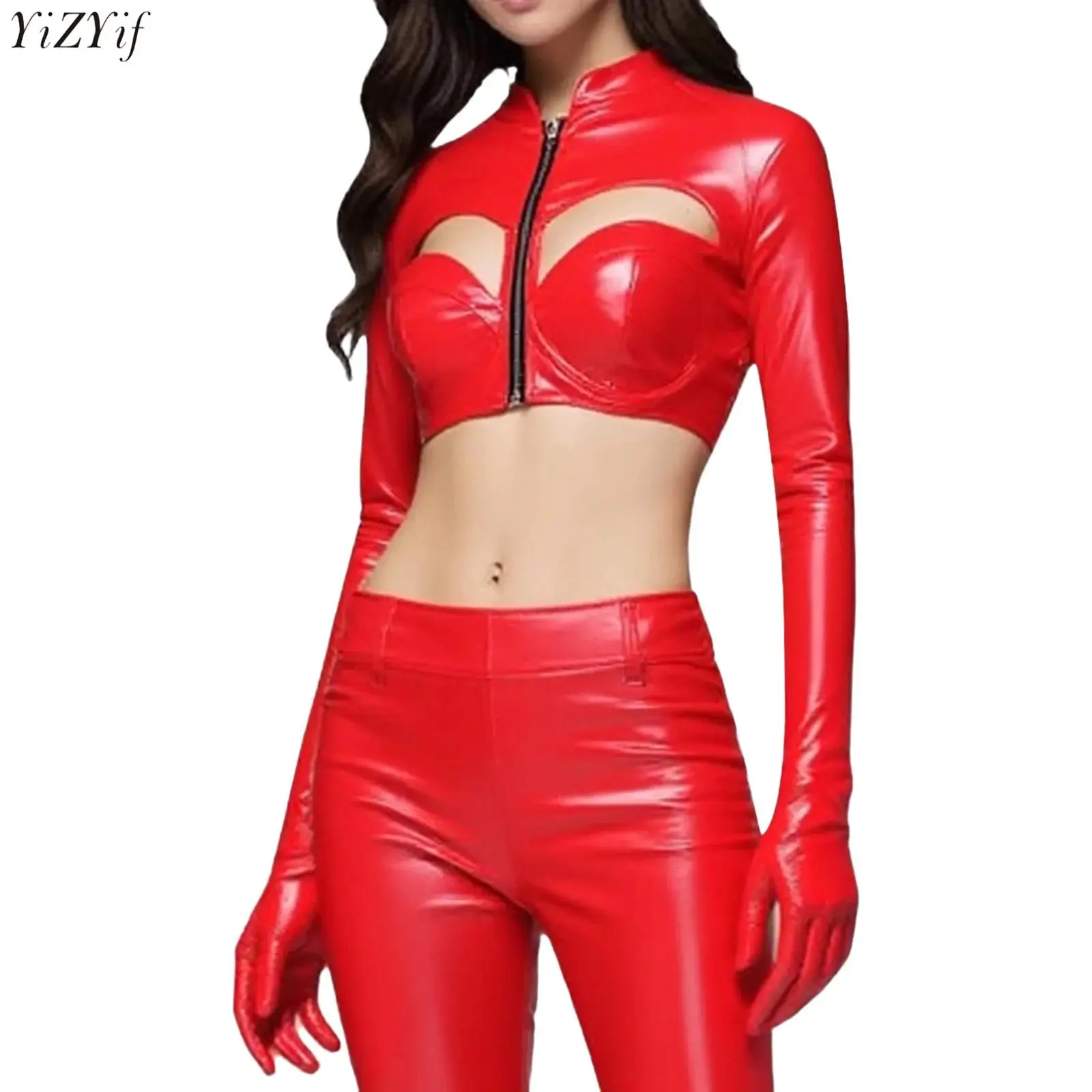 Adults Womens Glossy Metallic Jacket Crop Top Stand Collar One-Piece Gloves Sleeve Chest Hollow-Out Front Zipper Night Clubwear