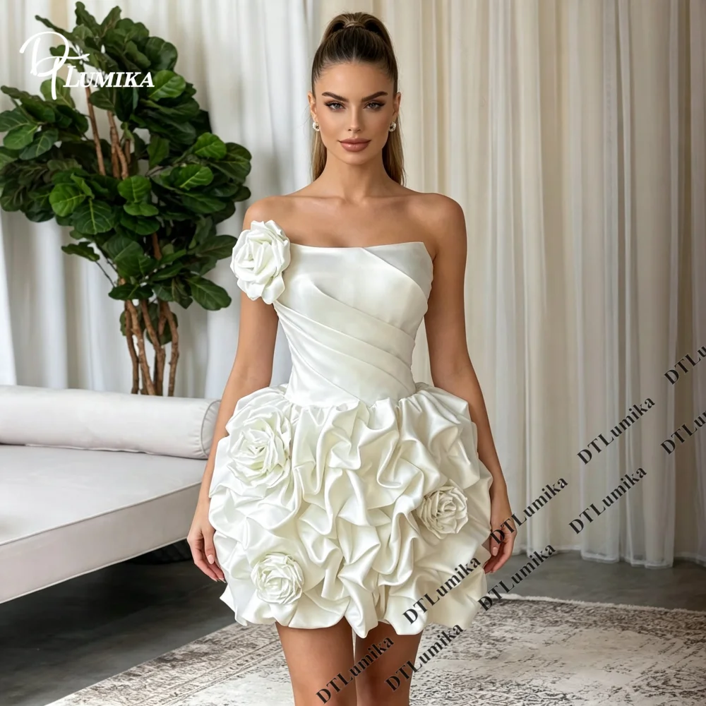 3D Floral Short Wedding Dresses for Bride 2026 Satin Strapless Bridal Gown Mini Reception Dress Civil Wedding Bridal Shower
