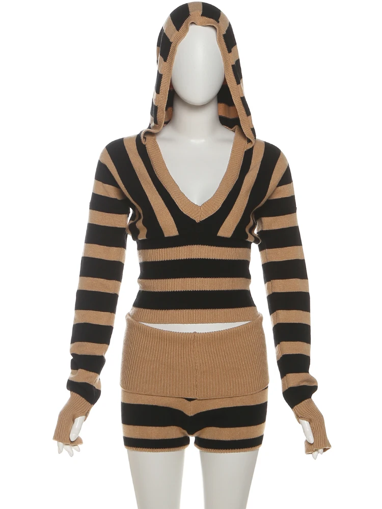 Nibber-Conjunto de 2 piezas de rayas de punto para mujer, abrigos cortos con capucha de manga larga y cuello en V + Mini pantalones cortos de cintura elástica, trajes sencillos de calle ajustados