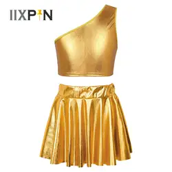 Kids Girls Jazz Dance Costume Outfit 2023 Shiny Metallic Tank Crop Tops with Skirt for Ballet Dance Streetwear Stage Performance