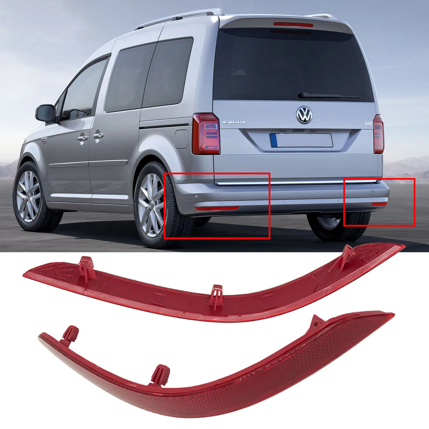 Right Left Rear Bumper Relfector Red Lens Reflective Strip for For VW Caddy MKIV 4 2016 2017 2018 2019 2020 2021 2022 No Bulb view 2