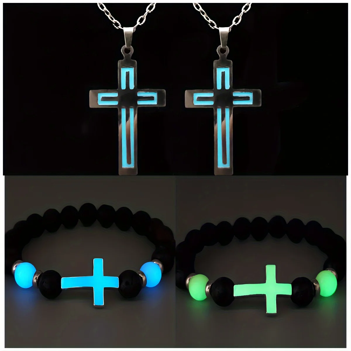 4Pcs Cross Charm Light Up in Dark Volcanic Stone Bracekets Stainless Steel Necklace Jewelry Sets