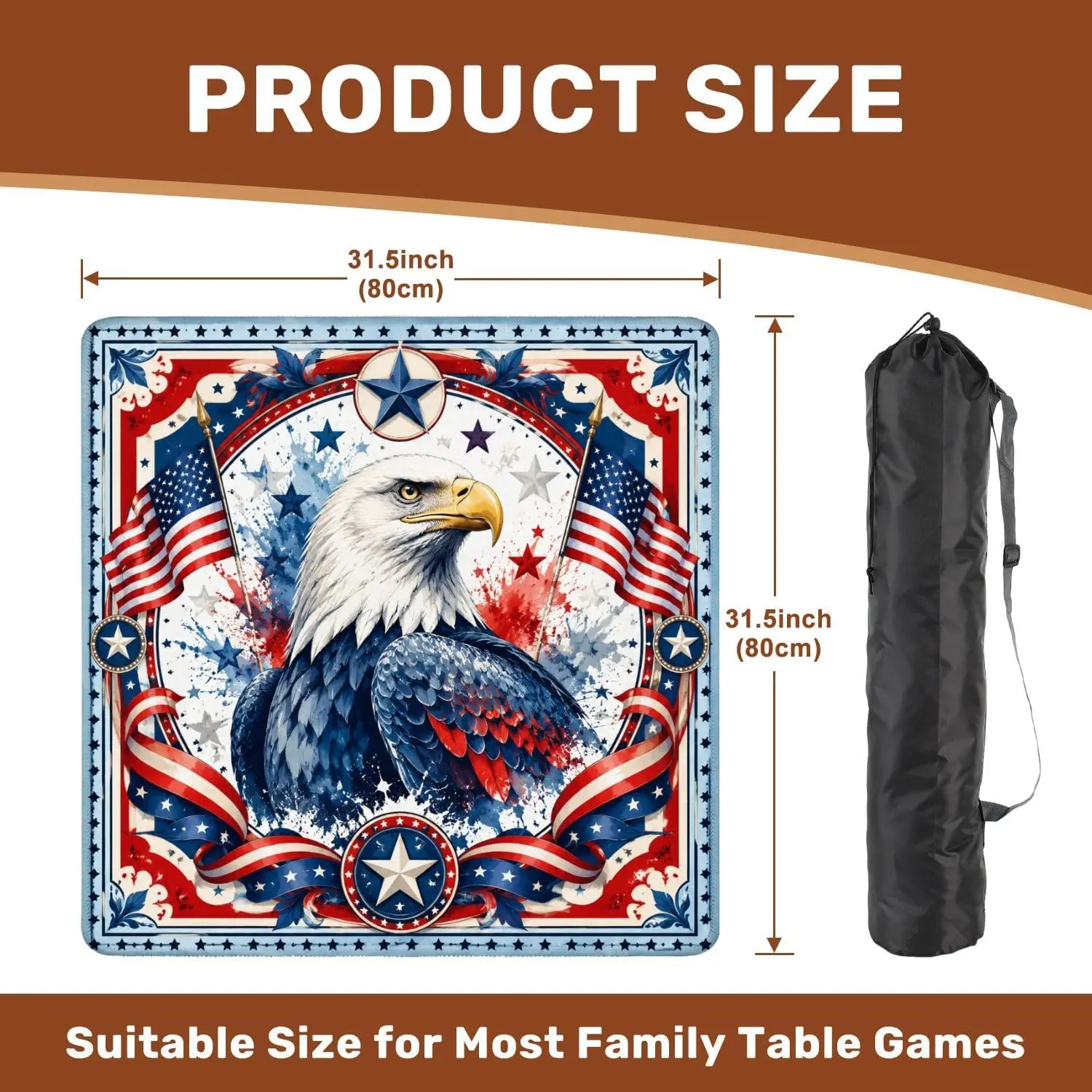 Patriotic Bald Eagle American Flag Mahjong Mat with Bag 31.5 x 31.5 Inch Non Slip for Poker Dominoes Card Games