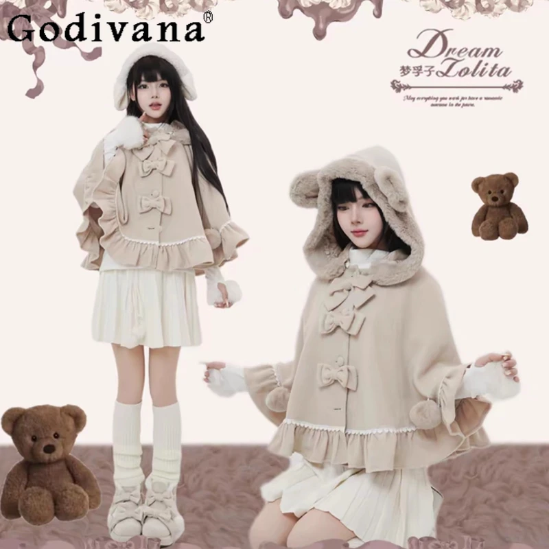 

Original Lolita Sweet Girls Hooded Cloak Long Sleeve Top Skirt 3-Piece Set Autumn Winter New Women's Warm Thickened Kawaii Capes
