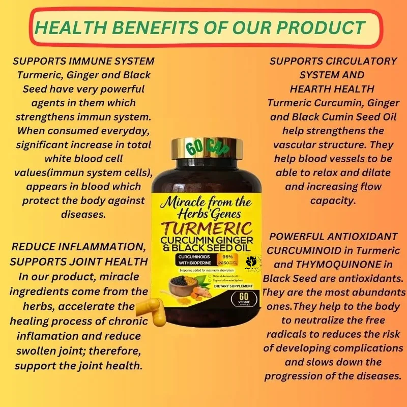 Curcumin ginger and black seed oil capsules 2250mg contain BioPerin immune system, antioxidants, and joint health support