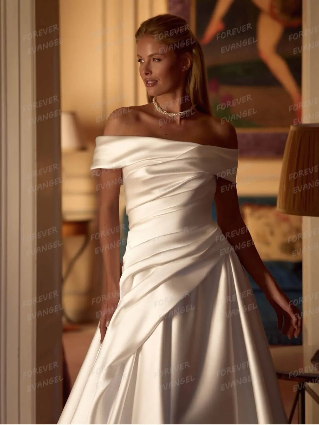 ชุดแต่งงานแบบเรียบง่าย ปี 2026 ทรงเอ ไลน์ สำหรับผู้หญิง แบบเปิดไหล่ แต่งระบาย ผ้าซาติน ชุดเจ้าสาวแบบไม่มีแขน  ชุดราตรีแบบเป็นทางการ  สามารถสั่งตัดได้  ชุดแต่งงาน