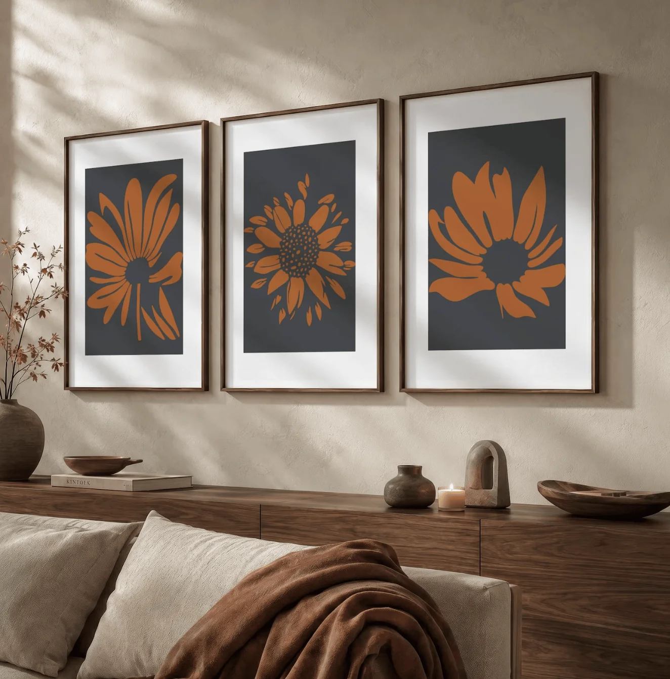 Boho Floral 3 Panels Wall Art Canvas Prints, Terracotta Daisy Posters, Earth Tone Decor for Living Room Bedroom Decor