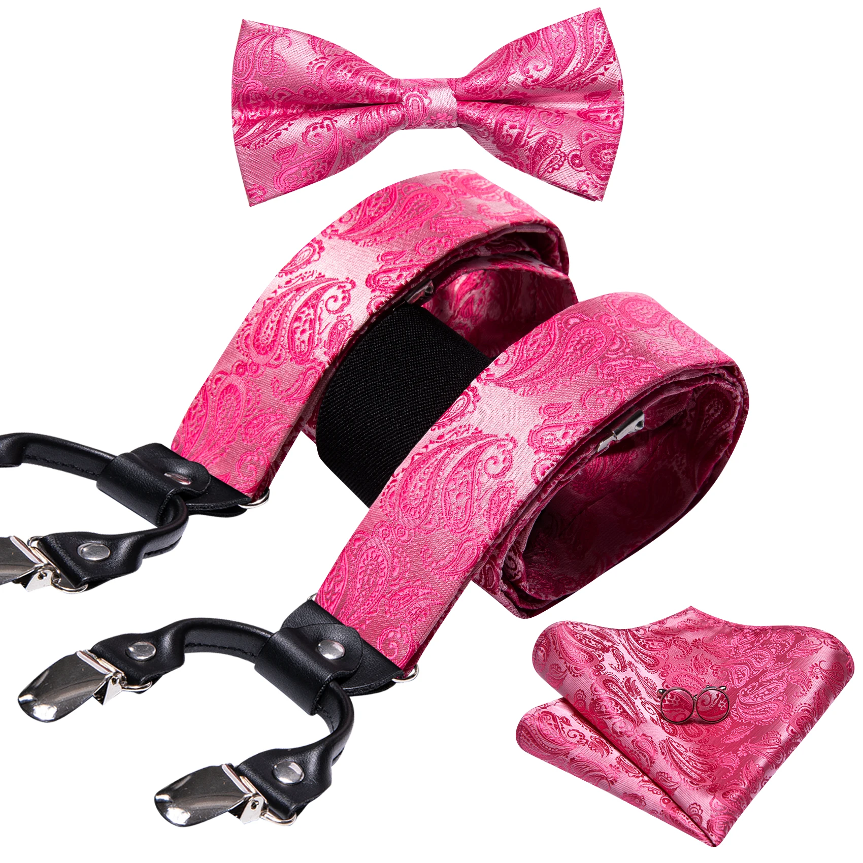 Casamento pêssego rosa suspensórios de seda para homens, paisley jacquard, gravata borboleta, lenço, abotoaduras, festa do noivo, Barry Wang, requintado, 2075