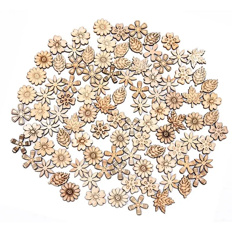 100pcs Mini Mix Wooden Pieces Creative Flower Leaves Cutouts Slice For DIY Wooden Art Decoration Home Party Doodle Scrapbooking