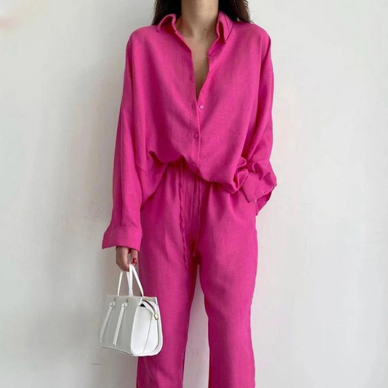 

Temperament Lapel Collar Long Sleeve Cardigan Tops&Drawstring Pants Set Solid Women Casual 2-Piece Suit Elegant Vacation Outfit