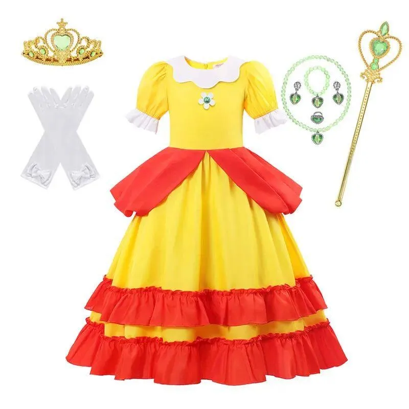 Vestido de Princesa Pêssego para Meninas, Fantasia Infantil para Apresentações, Acessórios de Cosplay, Fantasia de Boneca, Entrega Imediata
