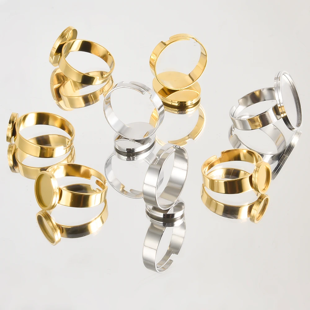 الذهب الحقيقي مطلي 10/12/16/20 مللي متر حلقة بيضاوية فارغة كابوشون قاعدة إعدادات لا تتلاشى الفولاذ المقاوم للصدأ خواتم للنساء الرجال صنع المجوهرات