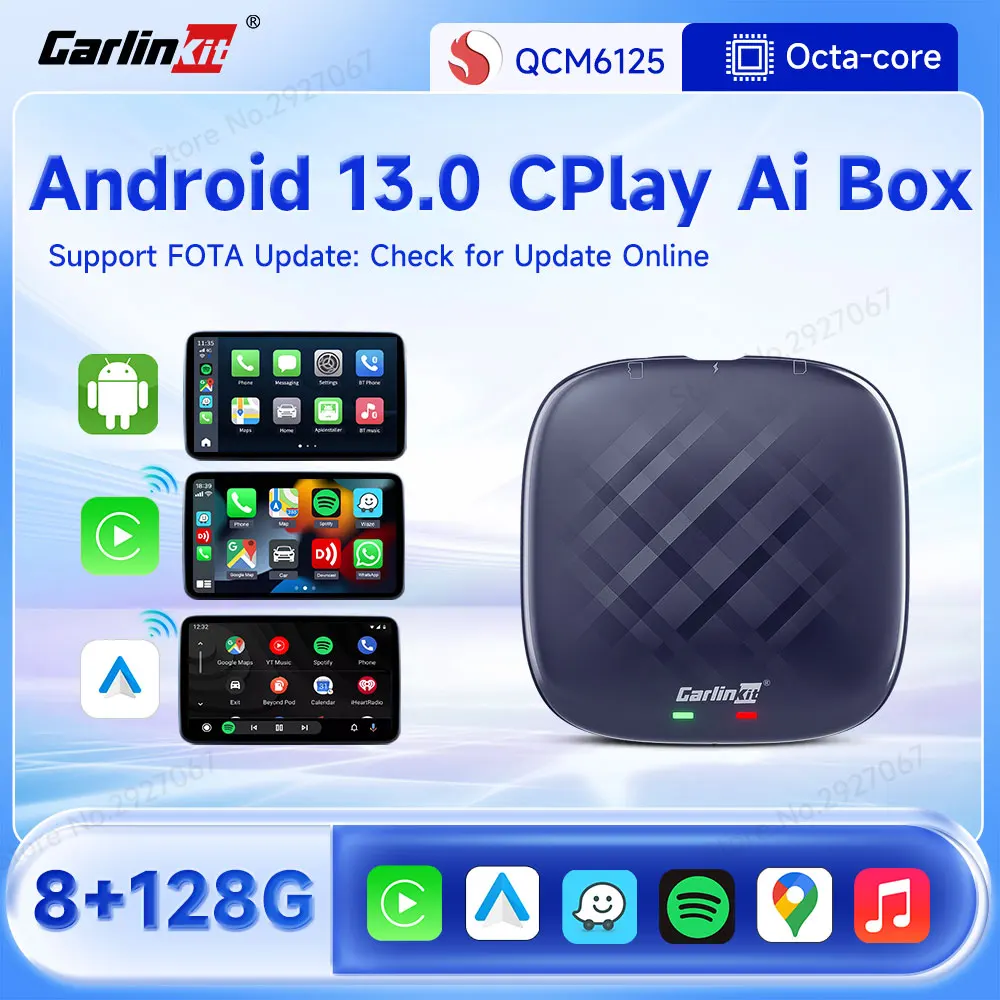 CarlinKit CarPlay Ai Box SM6225 Android 13 TV Box 8-core Wireless CarPlay Android Auto Smart Car Ai Box for OEM Car Wired to Wireless Support Youtube Netflix Online Video Streaming Box Dual Bluetooth 2.4G 5G WiFi Built-in GPS 4G LTE OTA 4G+64G 8G+128G
