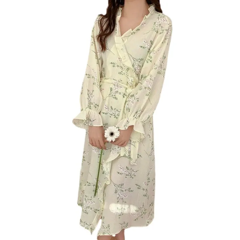 Korean Ins Kimono Lotus Edge Bathrobe Female Spring Summer New Cotton Nightgown Ladies Spa Yukata Homewear Long Bathrobe Women