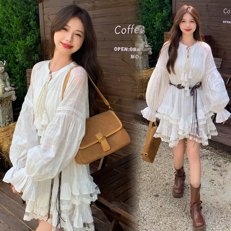 Vestido F Estilo Boho para Feriados, Saia Curta Doce, Manga Longa, Cintura Ajustada, Estilo Casual, Psado em Fibra ...