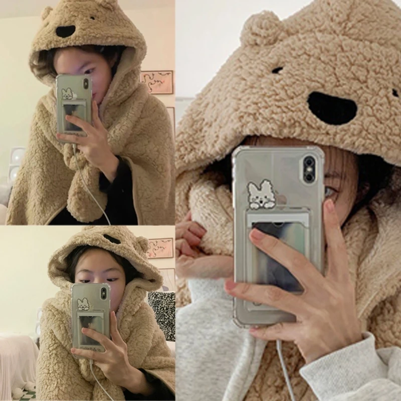 

Teenager Plush Thick Shawl Autumn and Cold Weather Multifunctional Hooded Scarf