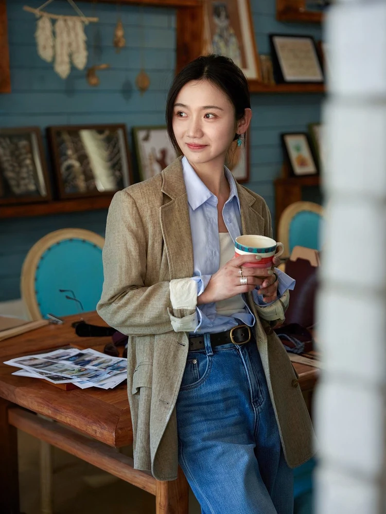 

Новый льняной пиджак цвета хаки с широкими штанинами и текстурой «берри» для офиса и повседневной носки, с длинным рукавом, на одной пуговице, коллекция 2025 года