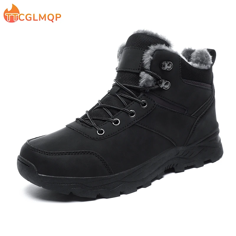 Botas de neve de couro impermeáveis para homens, tênis super quentes, botas masculinas ao ar livre, sapatos de trabalho, tamanho grande, inverno,