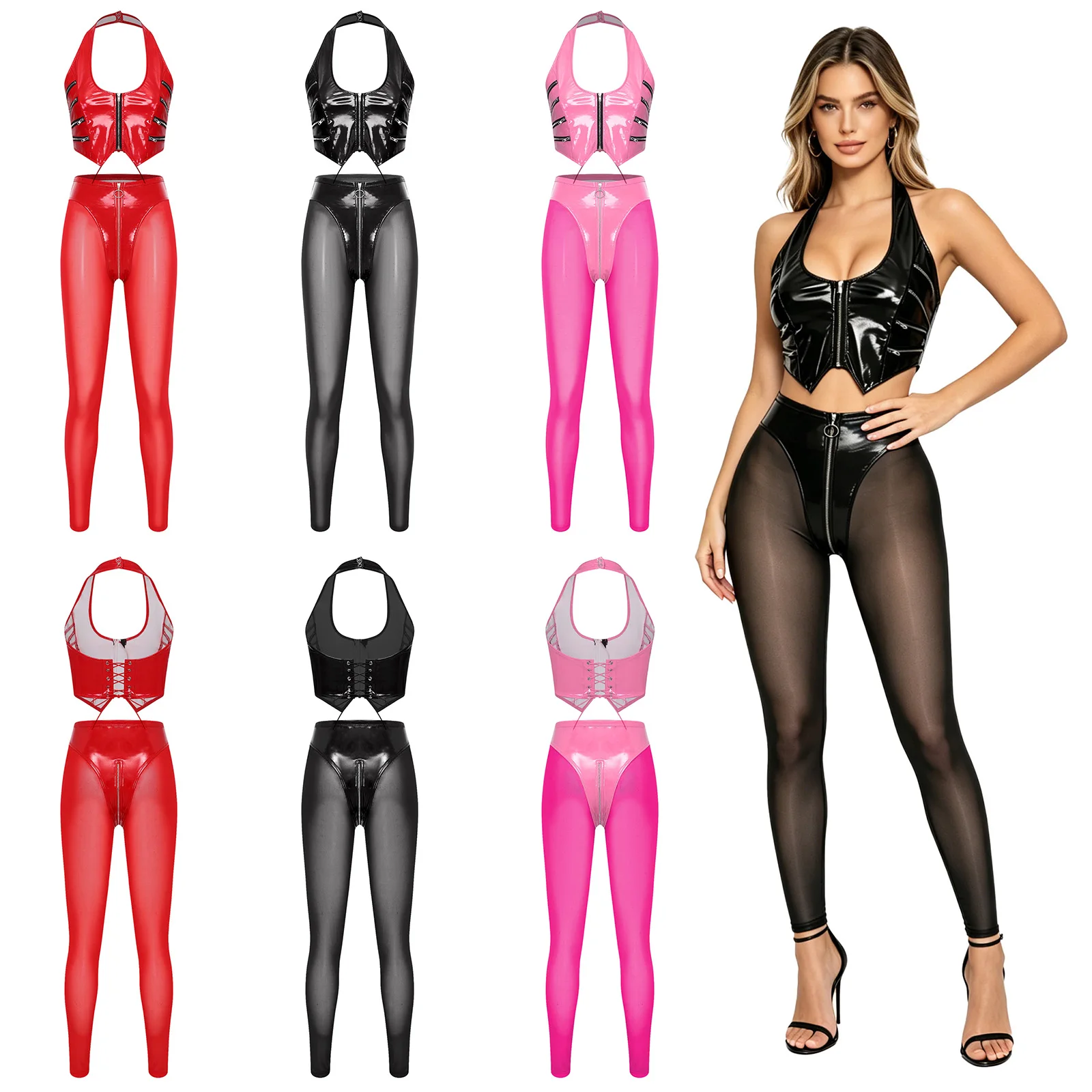

Women Wet Look PU Leather Crop Tank Top with Sheer Mesh High Waist Leggings Pole Dance Costume Rave Party Nightclub Clubwear