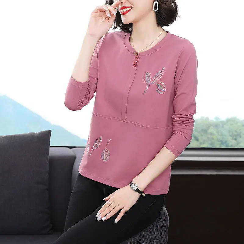 

Spring Autumn Fashion Elegance Cotton Solid T-Shirts Women's Clothing Casual Loose Pullovers All Match O Neck Long Sleeve Tops