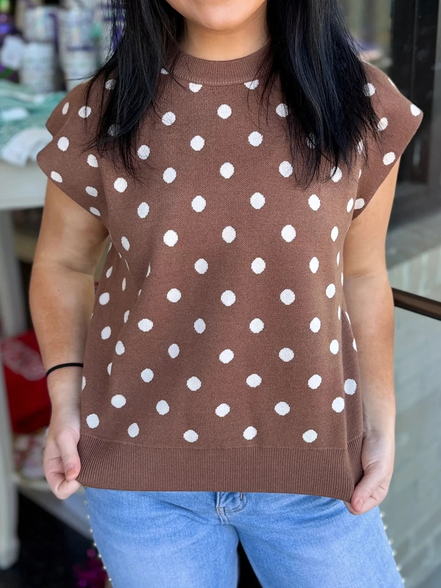

DearLover Polka Dot Knitted Short Sleeve round Neck Loose Fit Slimming Women's Top Casual Style Comfortable Breathable