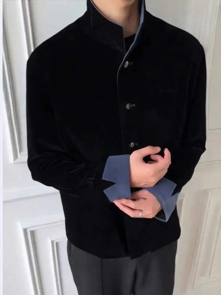 

Retro Velvet Jaet Men's Spring Autumn Season Color Blo Collar Stand up Coat Chinese Sle Faionable Youth Outerwear