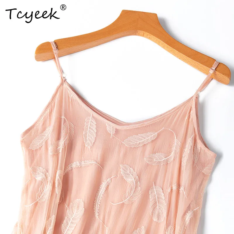 Tcyeek 100% Real Mulberry Silk Slip Dress for Women 2026 Summer Embroidered Beach Dresses Clothes for Ladies Vestidos De Mujer