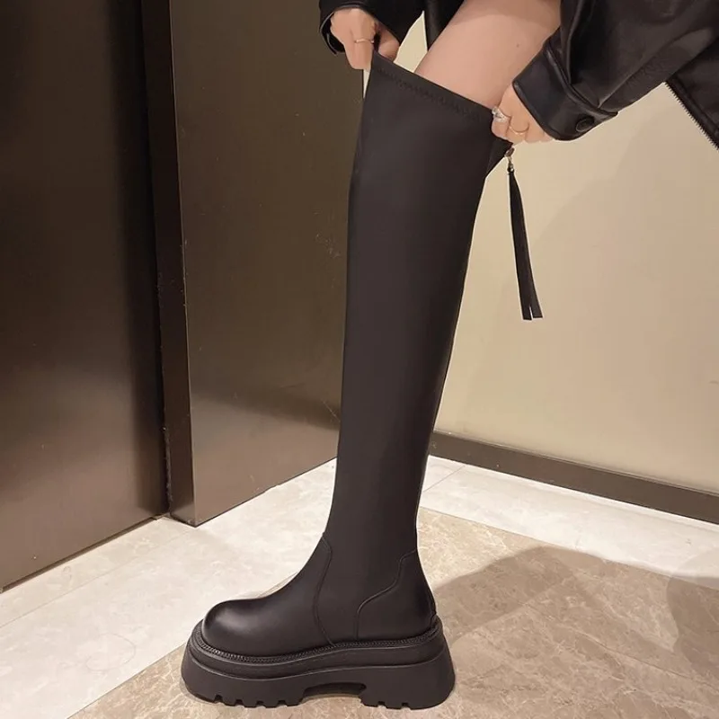 

Winter Women Over-the-Knee Boots Punk Style Square High Heel Zipper Shoes Pleated Pointed Toe Ladies Long Booties Over-the-Knee