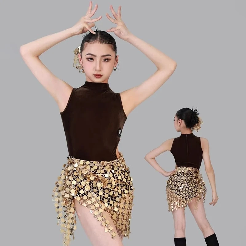 

Топ без рукавов с блестками, набедренный шарф для девочек, костюмы для латинских танцев, чача-самба, тренировочная одежда, одежда для соревнований, DQL11316