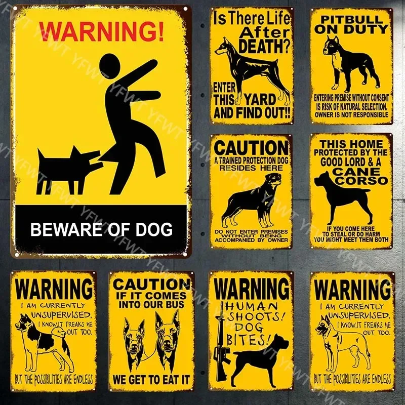 Warning Dog Metal Tin Signs Vintage Poster Beware Of Dog Retro Tin Plates Wall Stickers For Garden Family House Door Decoration