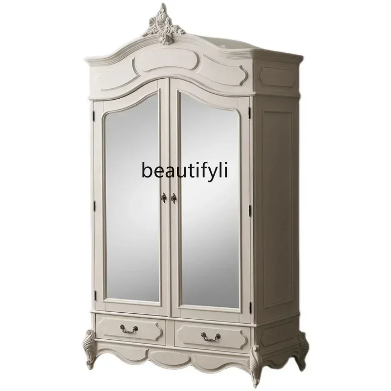 

pg45French Solid Wood Wardrobe Home Bedroom Double Door Drawer Wardrobe American White Small Storage Cabinet