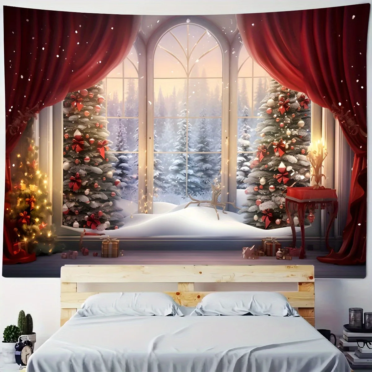 Christmas Day party decoration background cloth outside the window Christmas tree snow scene tapestry suitable for home outdoor