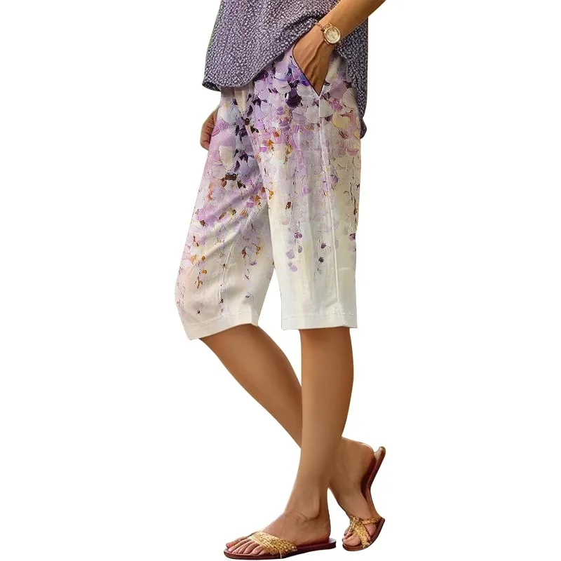 

2025 Casual Print Shorts Women's Casual Shorts Knee-length Novelty Floral Plaid Pattern
