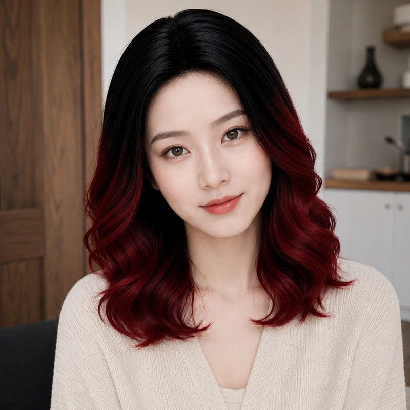 16-inch black and burgundy gradient synthetic wig, women's center-parted everyday stylish and elegant look.